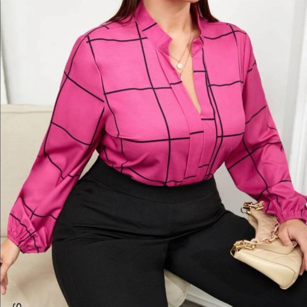 Windowpane print lantern sleeve blouse